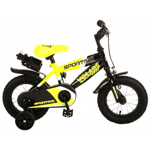 Volare - Bicicleta Sportivo Galben Neon 12 inch cu 2 Frane de Mana si Sticla Apa