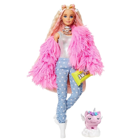Barbie - Papusa Barbie cu Figurina si Accesorii by Mattel Extra Style Fluffy Pinky GRN28