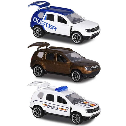 Majorette - Set 3 Masinute Dacia Duster Alb/Albastru, Maro si de Politie