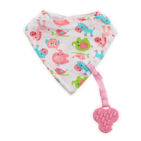 Baveta tip bandana, cu snur si jucarie dentitie, bumbac, Pink