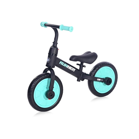 Bicicleta de echilibru 2in1, RUNNER cu pedale si roti auxiliare, Black & Turquoise