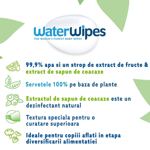 Servetele umede pentru bebelusi Biodegradabile Soapberry, Water Wipes, 60 buc, 0 luni+