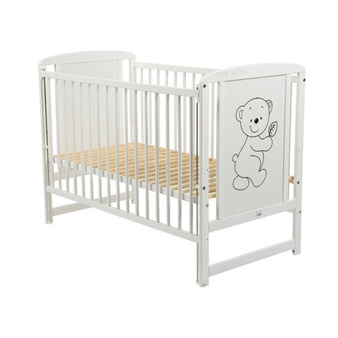 Patut din Lemn BabyNeeds Timmi 120x60 cm cu Laterala Culisanta Alb + Saltea 8 cm