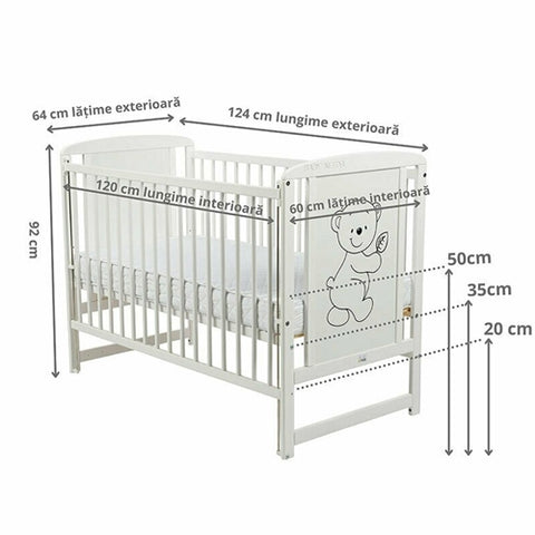 Patut din Lemn BabyNeeds Timmi 120x60 cm cu Laterala Culisanta Alb + Saltea 8 cm