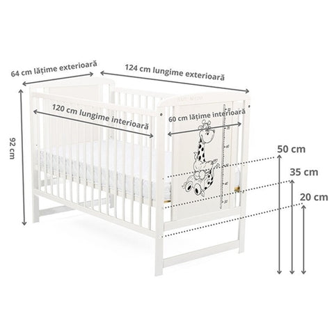 Patut din Lemn BabyNeeds Timmi Girafa 120x60 cm Alb + Saltea 8 cm