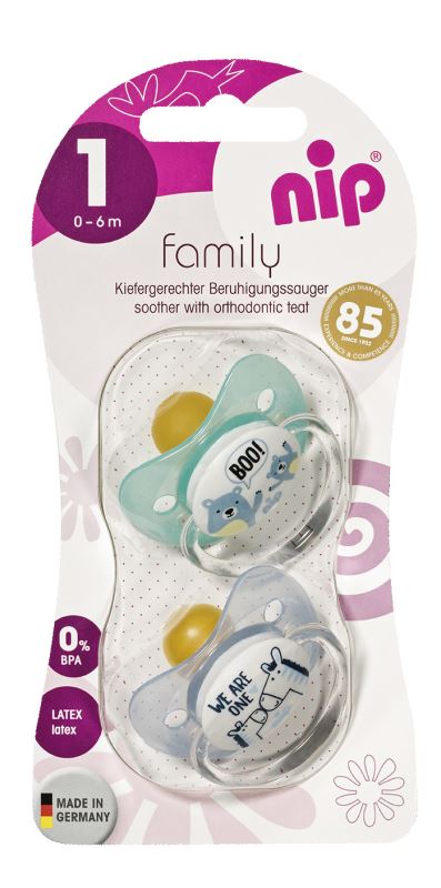 Set 2 suzete Family cu tetina din latex natural, forma anatomica, tetina ortodontica, cu inel, 0-6 luni, nip 31000