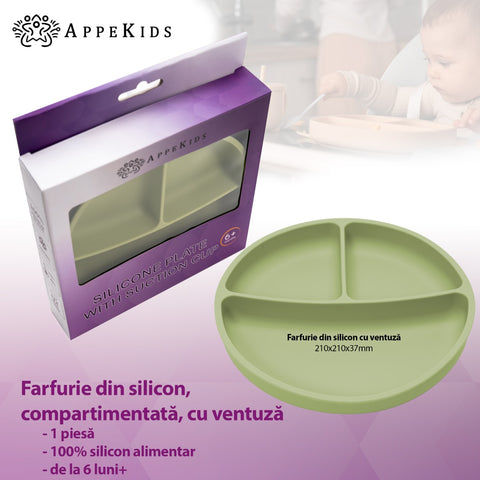 Farfurie compartimentata din silicon cu ventuza, AppeKids - Raw Green