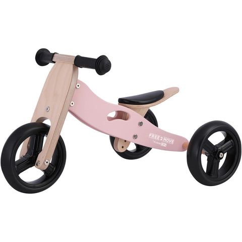 Bicicleta/tricicleta fara pedale, Free2Move, Din lemn, 2 in 1, Functie de bicicleta echilibru, Scaun reglabil, Roti ajustabile, Manere antiderapante, Varsta 1-3 ani, Dusty Pink