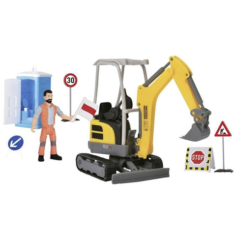 Dickie Toys - Set Excavator Dickie Toys Road Work Neuson cu Figurina, Semne Rutiere si Accesorii