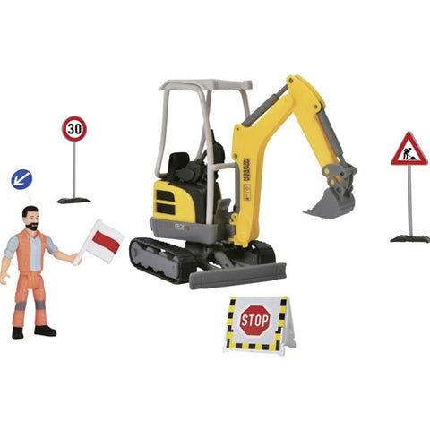 Dickie Toys - Set Excavator Dickie Toys Road Work Neuson cu Figurina, Semne Rutiere si Accesorii