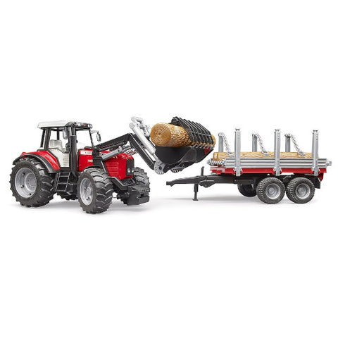 Bruder - Utilaj Tractor Massey Ferguson 7480 cu Incarcator Frontal si Remorca Pentru Lemne