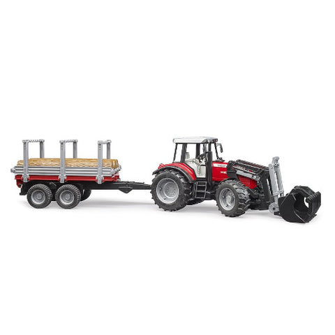 Bruder - Utilaj Tractor Massey Ferguson 7480 cu Incarcator Frontal si Remorca Pentru Lemne