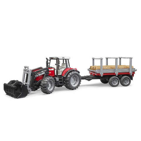 Bruder - Utilaj Tractor Massey Ferguson 7480 cu Incarcator Frontal si Remorca Pentru Lemne