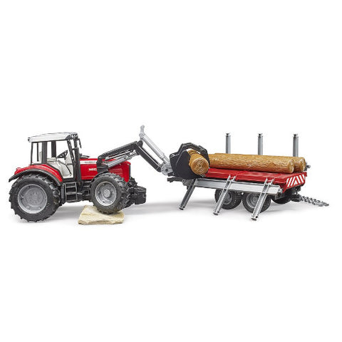 Bruder - Utilaj Tractor Massey Ferguson 7480 cu Incarcator Frontal si Remorca Pentru Lemne