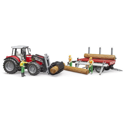 Bruder - Utilaj Tractor Massey Ferguson 7480 cu Incarcator Frontal si Remorca Pentru Lemne