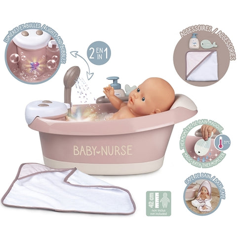 Smoby - Cadita pentru Papusi Smoby Baby Nurse Baleno Bath Roz cu Accesorii