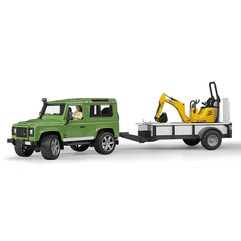 Bruder  - Masina de Teren Land Rover Defender cu Remorca si Micro Excavator Jcb cu Muncitor