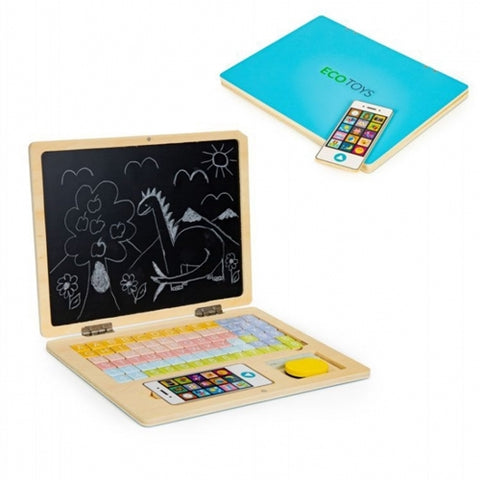Laptop educational din lemn cu magnet si taste din lemn G068 - Albastru