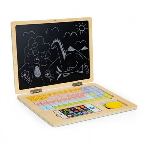 Laptop educational din lemn cu magnet si taste din lemn G068 - Alb