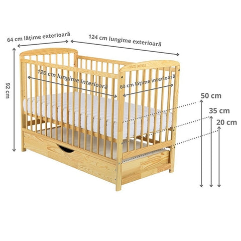 Patut din Lemn BabyNeeds Ola 120x60 cm din Lemn de Pin si Mdf Natur + Saltea 8 cm