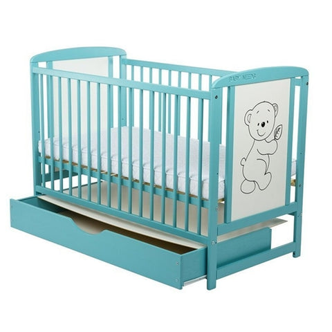 Patut din Lemn BabyNeeds Timmi 120x60 cm din Lemn de Pin si Mdf Mint + Saltea 8 cm