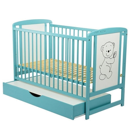 Patut din Lemn BabyNeeds Timmi 120x60 cm din Lemn de Pin si Mdf Mint + Saltea 8 cm