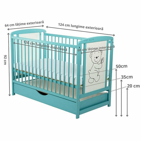 Patut din Lemn BabyNeeds Timmi 120x60 cm din Lemn de Pin si Mdf Mint + Saltea 8 cm