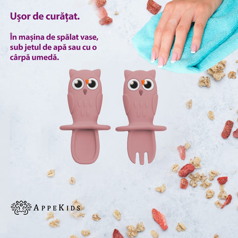 Set Tacamuri din silicon, AppeKids, OWL - Old Rose