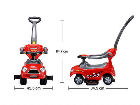 Masinuta pentru copii, Ecotoys, Quick Coupe, 3 in 1, Ride-On, premergator / impingator, volan multimedia, spatar, balustrade de protectie, maner de ghidare, Rosie