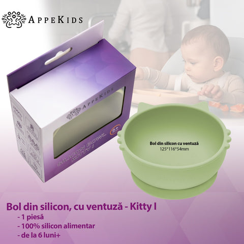 Bol din silicon, AppeKids, Kitty I - Raw Green