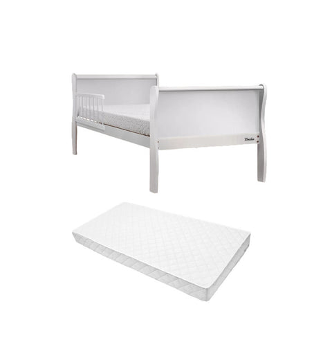 Set Patut pentru copii, din lemn masiv de Pin, 140 x 70 cm, protectii laterale incluse, Woodies Safe Dreams, Noble, Todler, Alb cu Saltea pentru patut copii, Mykids, Cocos, Confort II, 140 x 70 x 10 cm