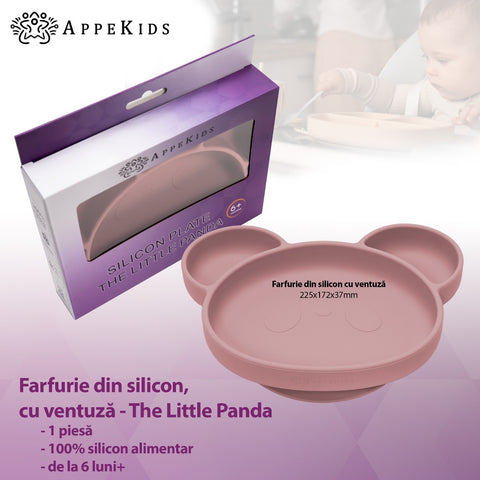 Farfurie din silicon cu ventuza, AppeKids, Panda - Old Rose