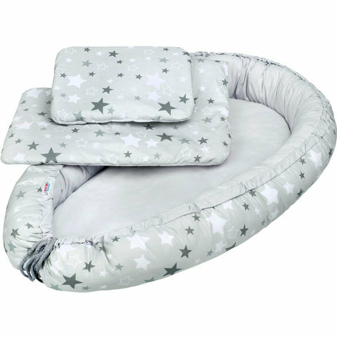 Set 3 piese, New Baby, Baby Nest, Cu paturica si pernuta, White/Grey stars