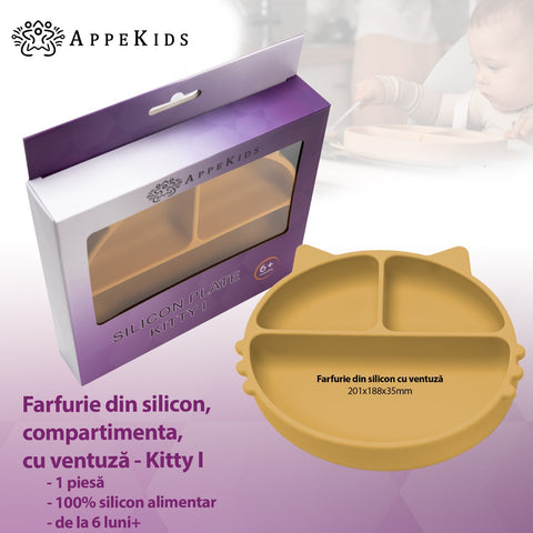 Farfurie compartimentata din silicon cu ventuza, AppeKids - Kitty - Honey