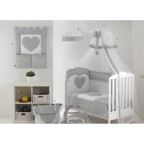 Set Lenjerie de lux din bumbac cu broderie, protectie laterala, pilota, pentru pat bebelusi, Cuore di Mamma Gri, Italia