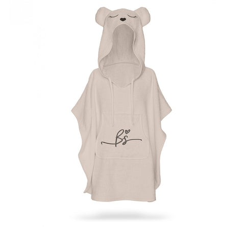 Prosop din fibra de bambus cu gluga si buzunar pentru bebelusi si copii, Poncho Teddy, Beige, 73x58 cm