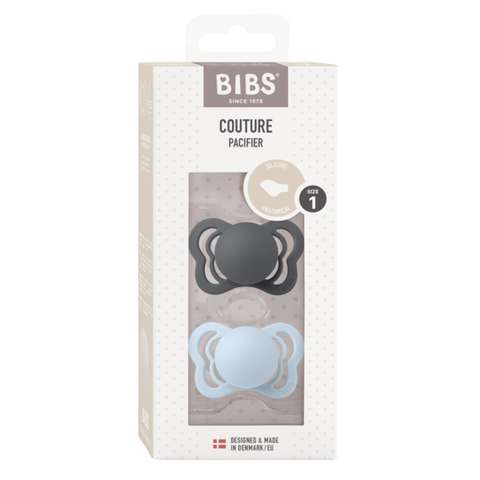 BIBS - Set 2 suzete Couture Silicon, tetina anatomica, 0 luni +-Iron/Baby Blue