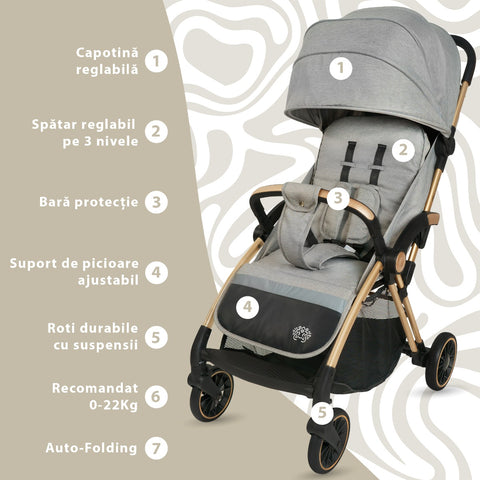 Carucior Sport AppeKids – Upp – Ultracompact, Pliere automata, De la nastere la 22kg - Powder Grey