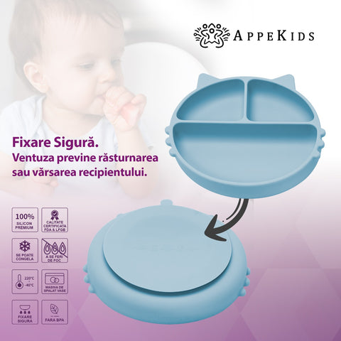 Farfurie compartimentata din silicon cu ventuza, AppeKids - Kitty - Aqua Blue