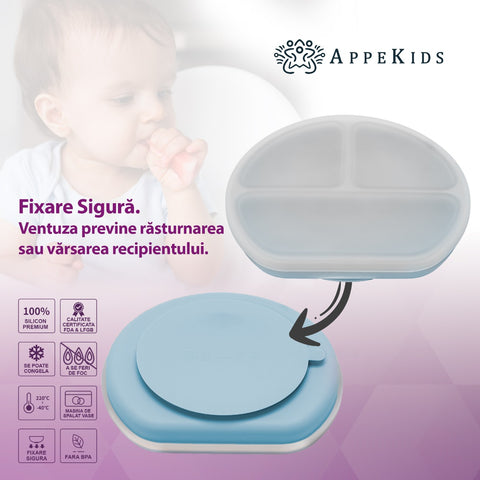 Farfurie compartimentata din silicon cu ventuza si capac, AppeKids - Aqua Blue