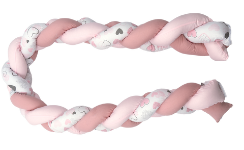 Aparatoare laterala pat Bumper impletit, inchidere velcro, Bumbac Inimioare roz, 180X21 cm