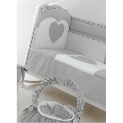 Set Lenjerie de lux din bumbac cu broderie, protectie laterala, pilota, pentru pat bebelusi, Cuore di Mamma Gri, Italia