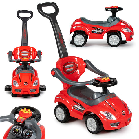 Masinuta Ride-On pentru copii, Multistore, Deluxe Mega Car, volan multimedia, melodii, claxon, spatar si balustrade de protectie, maner de ghidare, suport picioare, element anti-rasturnare, Rosu