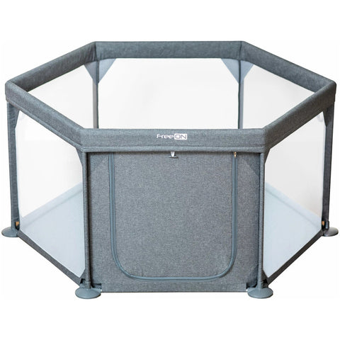 Tarc de joaca, FreeON, Hexagonal, Pentru bebe, Cu 4 manere, Intrare cu fermoar, Cu geanta de transport, 117 x 67 x 67 cm, Grey