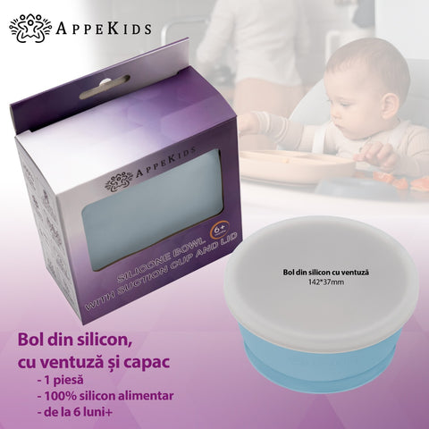 Bol din silicon cu ventuza si capac, AppeKids - Aqua Blue