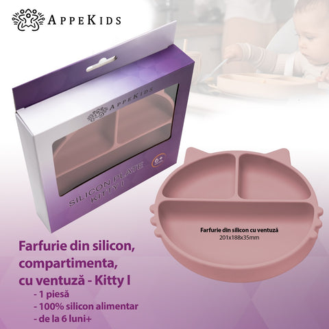 Farfurie compartimentata din silicon cu ventuza, AppeKids - Kitty - Old Rose