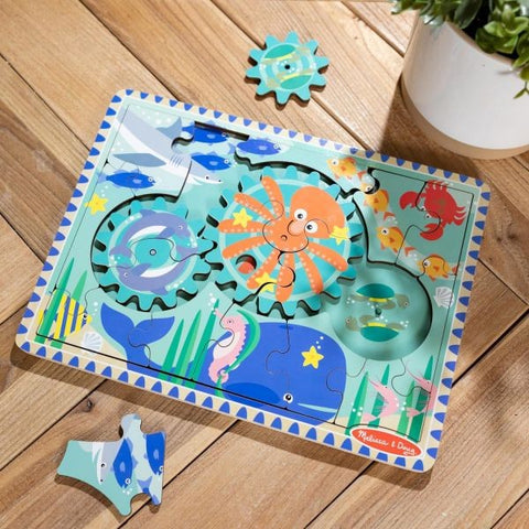 Puzzle educativ din lemn, cu rotite dintate, Oceanul, 8 piese, pentru copii 3 ani+, Melissa & Doug 31003