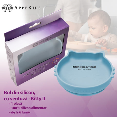 Bol din silicon, AppeKids, Kitty II - Aqua Blue