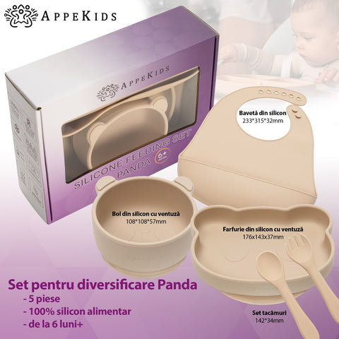 Set Diversificare, AppeKids, 100% Silicon, Panda - Bubble Beige