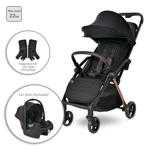 Carucior Set 2 in 1, autofold, Loret, cosulet auto inclus, pana la 22 kg, Black